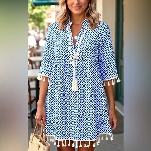 Caribbean Ready Bohemian Tassel Trim Notched Neckline Midi Summer Dress - Picture 3 of 6